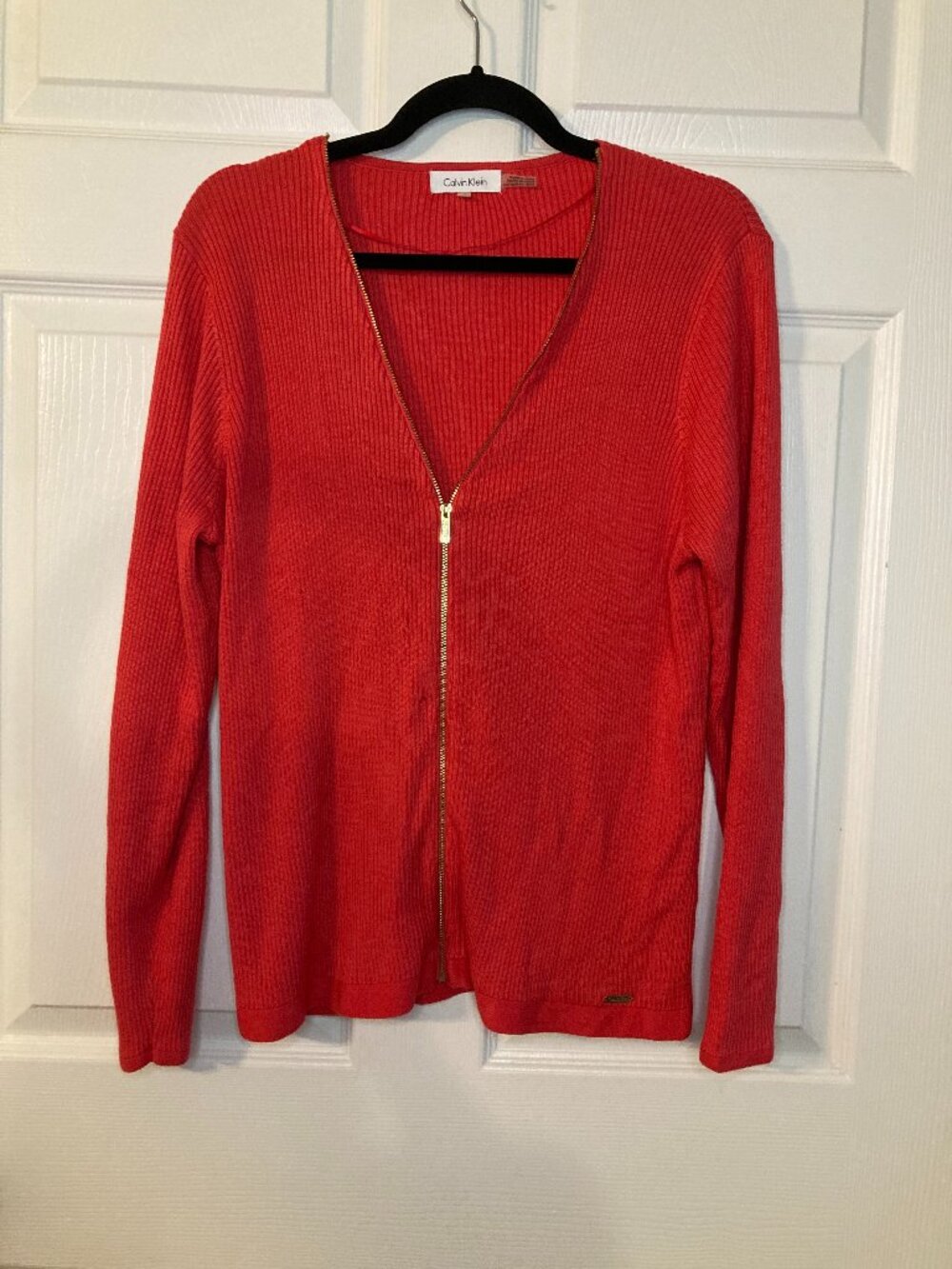 Calvin Klein Women's Red Ribbed-Knit Full-Zip Cardigan - Gold Zipper - Size L